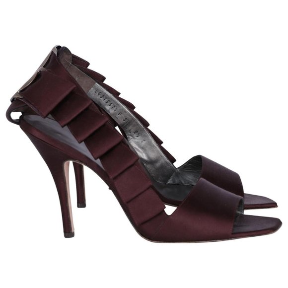 Salvatore Ferragamo High Heel Sandals Side Ruffle Slingback Red Satin - Picture 2 of 5